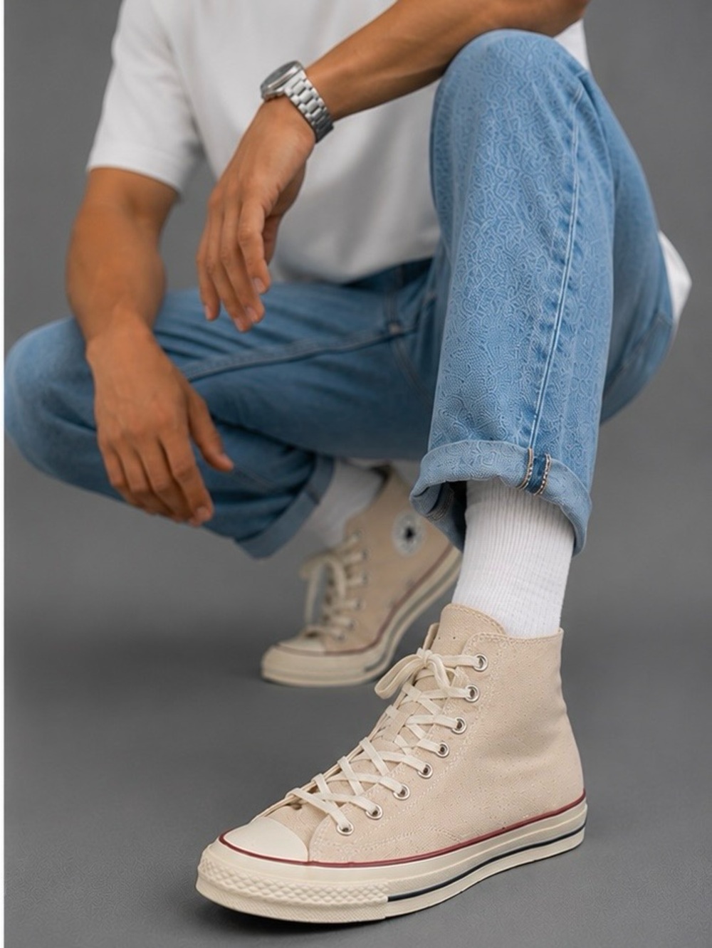Converse High Top Sneakers - Off-White with Red & Black Trim - Picture 5 of 14